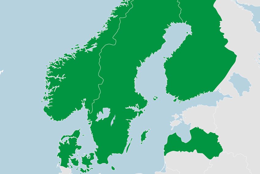 Norden Et kort over Norden, hvor visse lande er markeret med grøn farve.